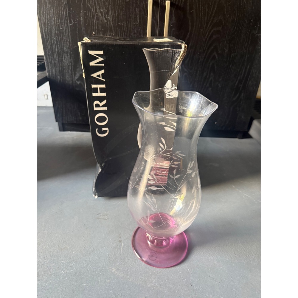 Gorham Etched Crystal Vase Pink Base Floral Butterfly Scalloped Hurricane Glass